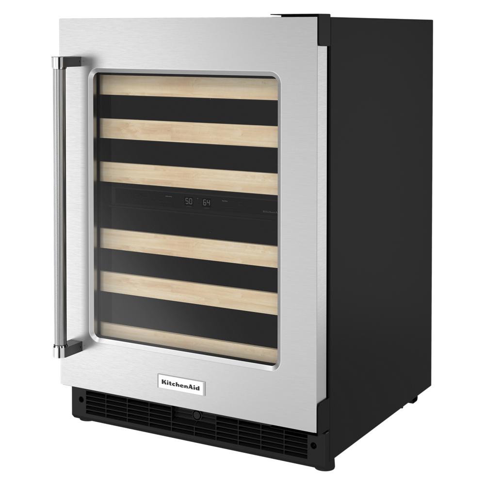 Compact undercounter wine cellar with stainless steel frame, glass door, and wood-front racks for KitchenAid appliances collection