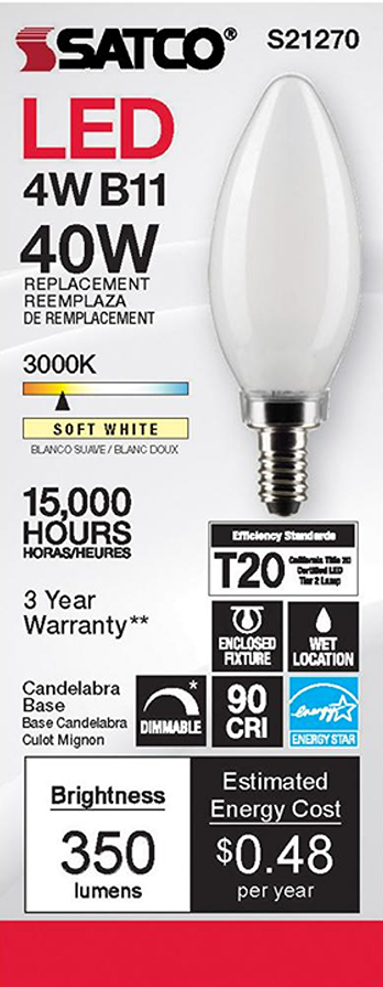 Satco 4 watt LED candelabra base bulb with soft white 3000K light, dimmable, energy-efficient with 350 lumens output