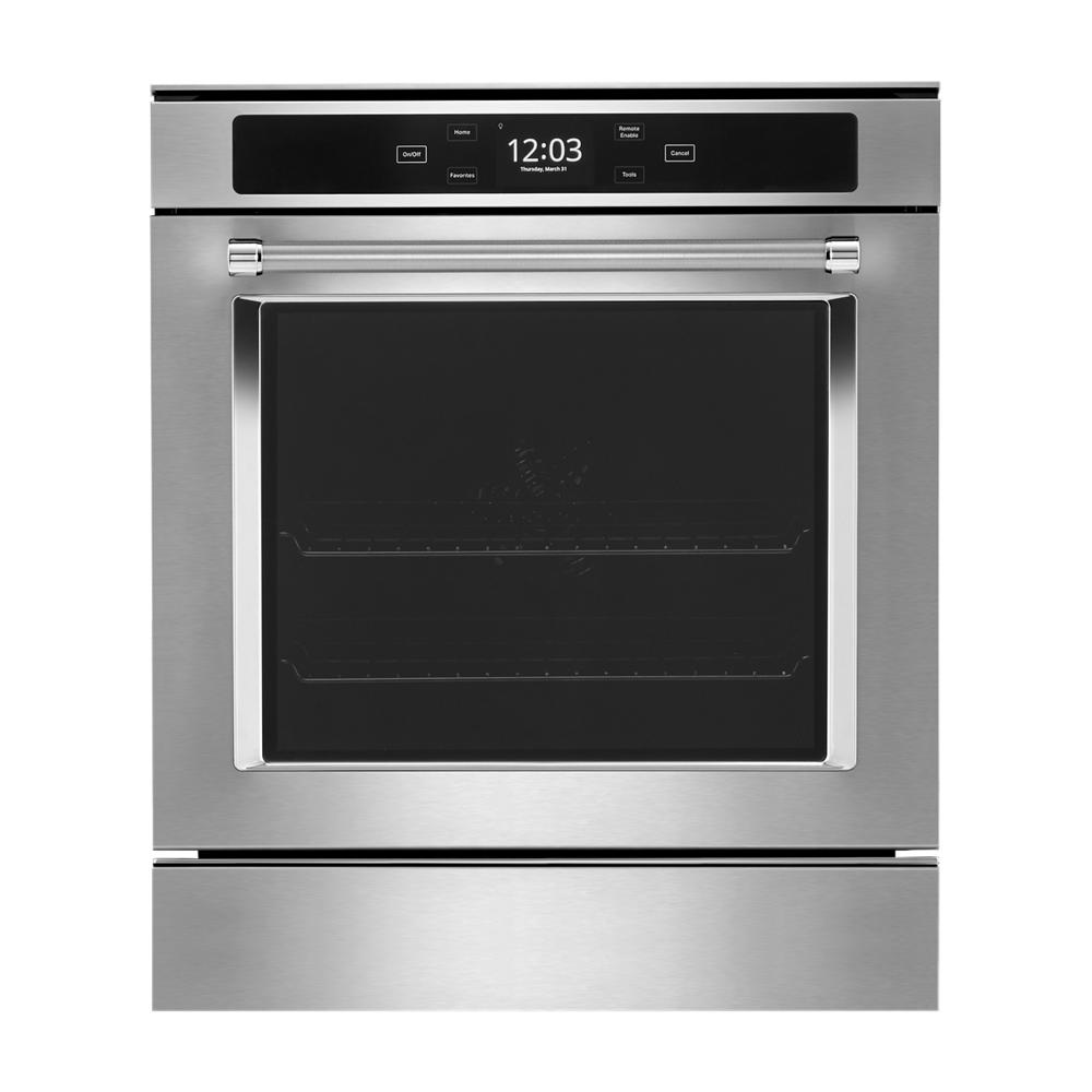 Stainless steel smart single wall oven with digital display and convection cooking in KitchenAid Appliances collection