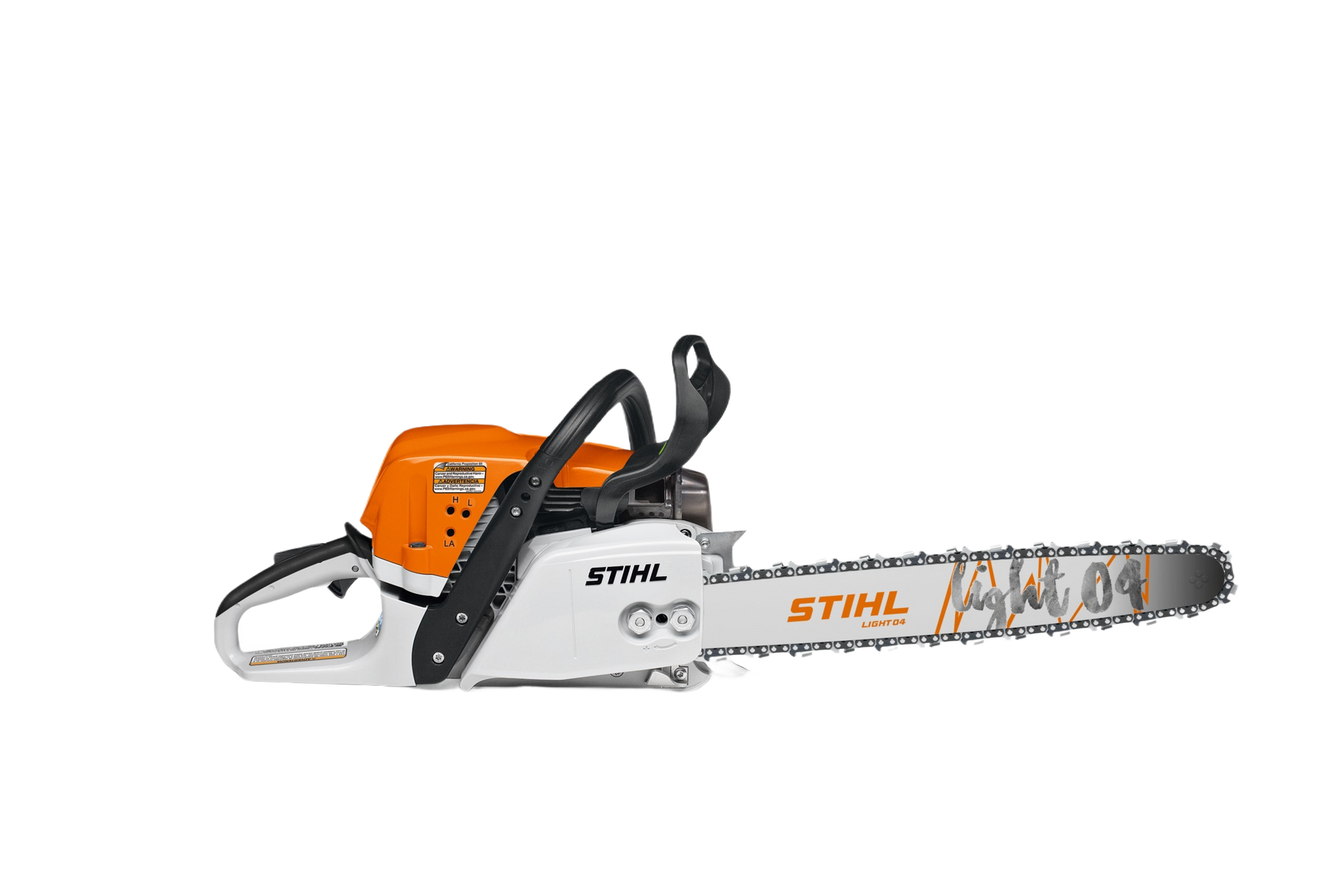 Orange and white gas-powered chainsaw with 20-inch bar designed for heavy-duty outdoor cutting and home improvement tasks