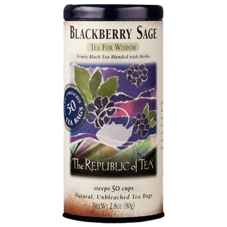 Cylindrical tin container of blackberry sage black tea with artistic berry and leaf design for tea brewing