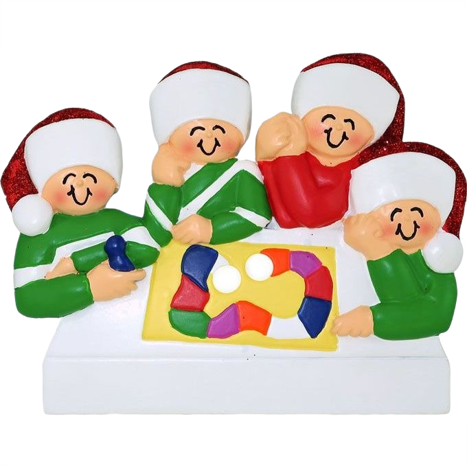 Happy family of four wearing festive hats playing colorful board game holiday ornament under $50 collection