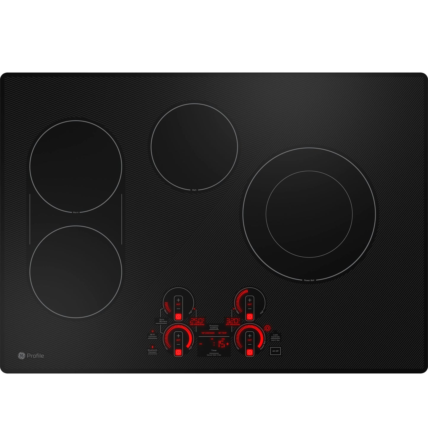Black electric cooktop with four cooking zones and touch controls in modern kitchen appliances collection.