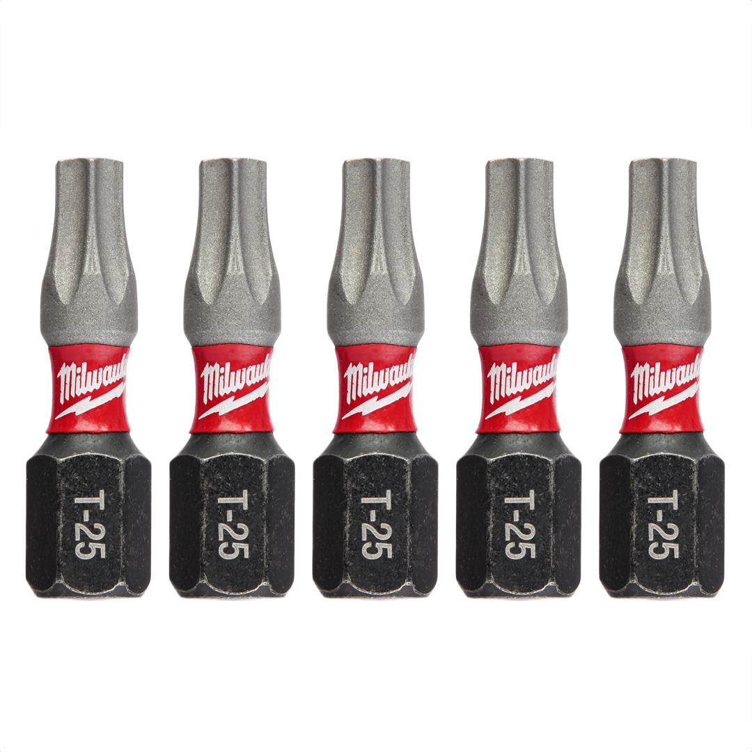 Set of five Milwaukee T25 Torx insert driver bits with red accents in power tool accessories and drill bits collections