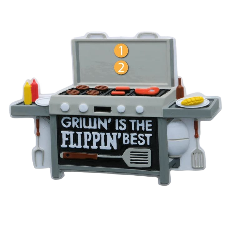 Gray grill ornament with tools, condiments, and "Grillin' is the Flippin' Best" text in Christmas Ornaments & Tree Decorations collection