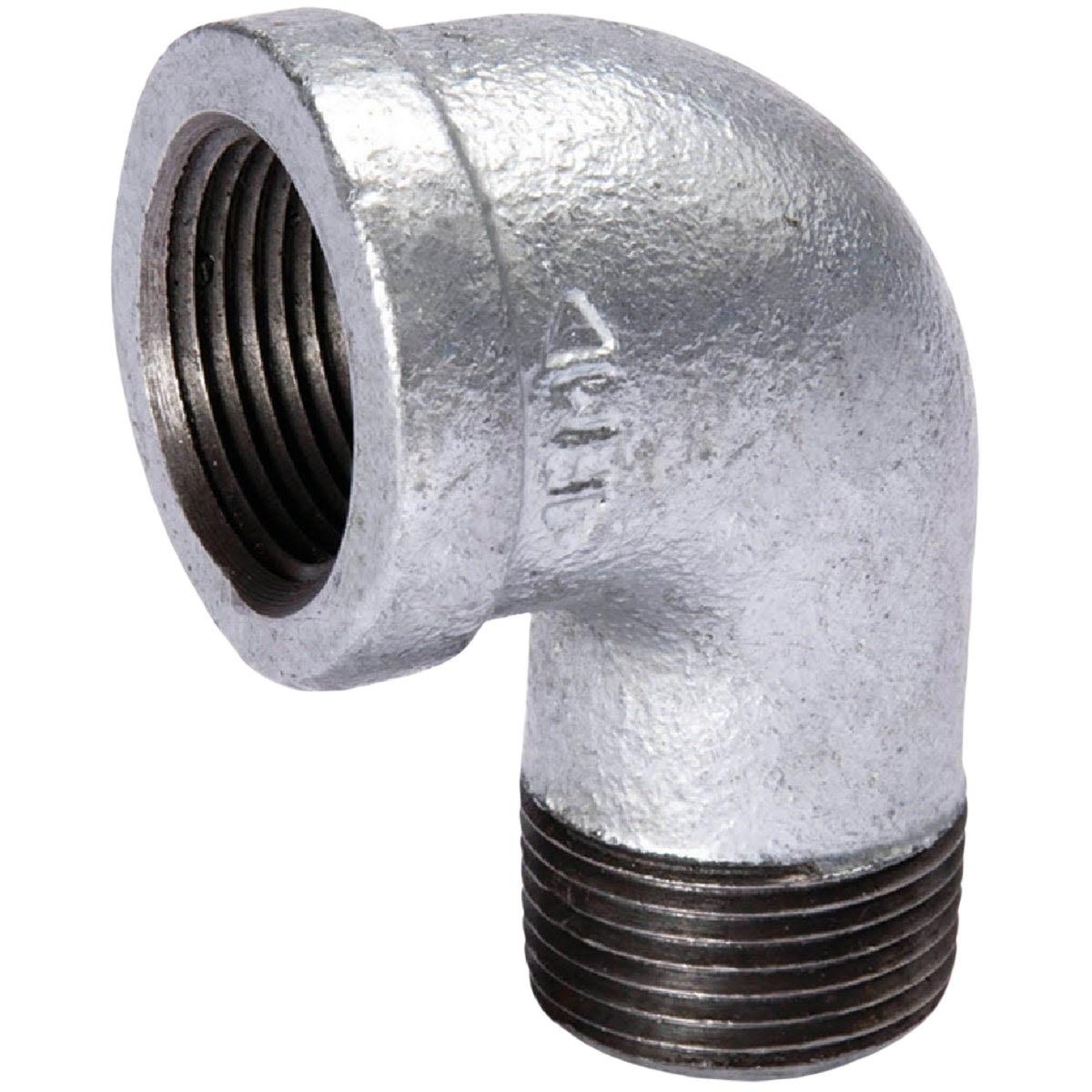 Galvanized malleable iron 90-degree street elbow with threaded male and female ends for plumbing and pipe fittings under $50