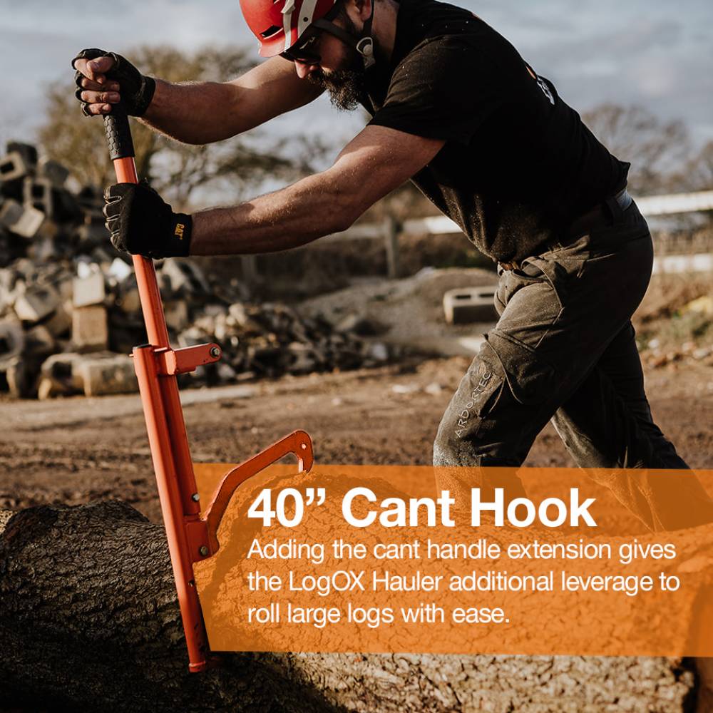 Man wearing protective gear using orange cant hook tool to roll large log outdoors in home improvement setting