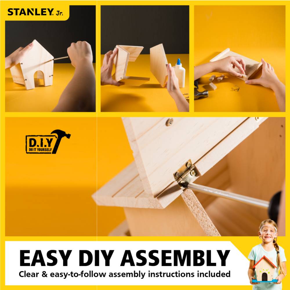 Hands assembling wooden bird feeder kit pieces on yellow surface with tools and hardware for home improvement projects
