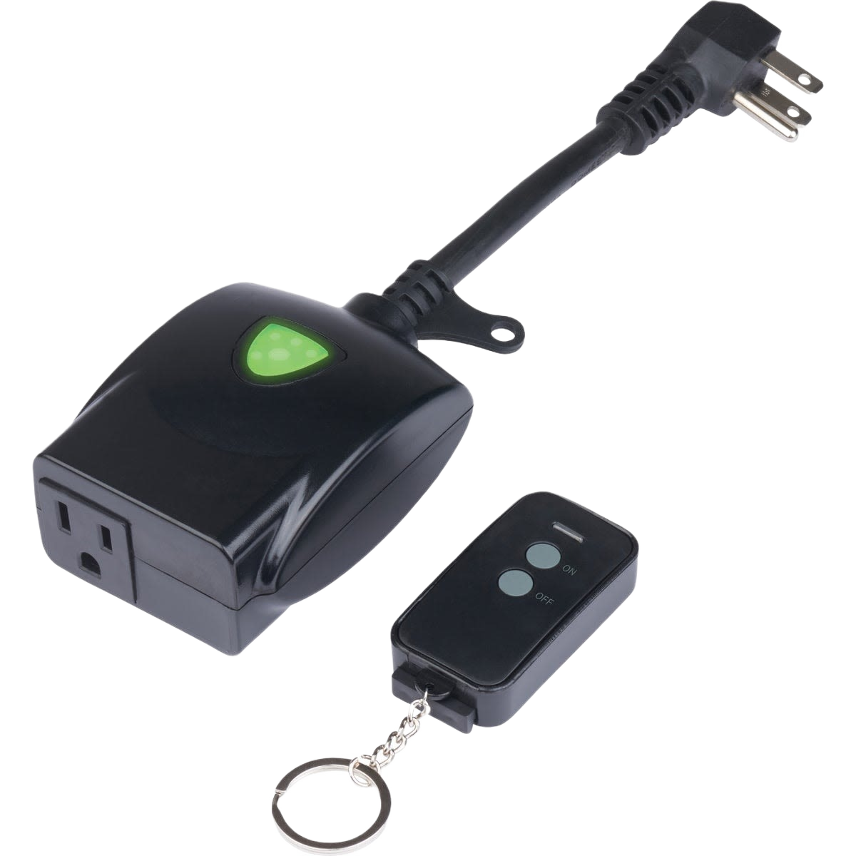 Compact black wireless remote switch with plug-in receiver and keychain remote for outdoor electrical control under $50