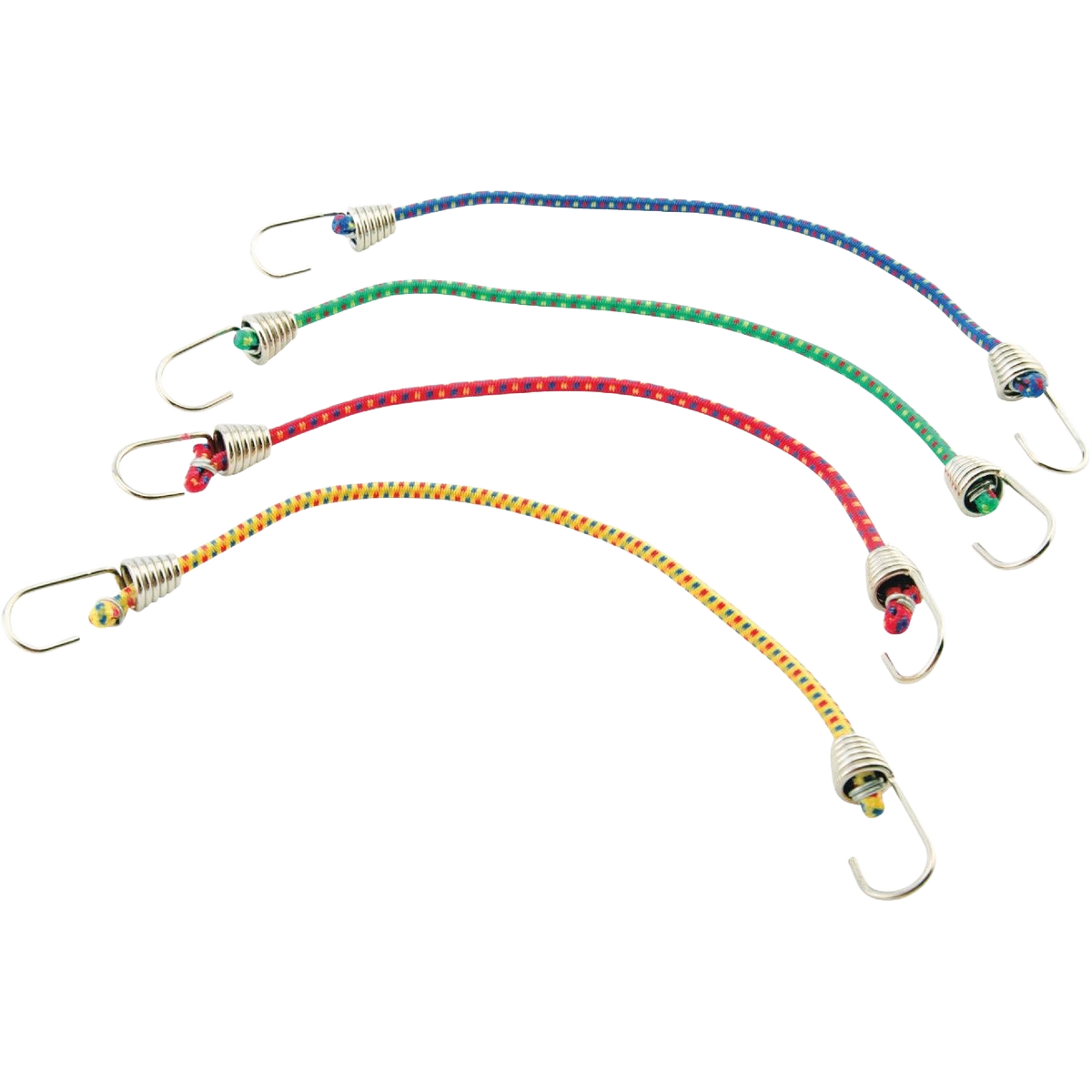 Set of four colorful mini bungee cords with metal hooks for securing items in tools and home improvement tasks
