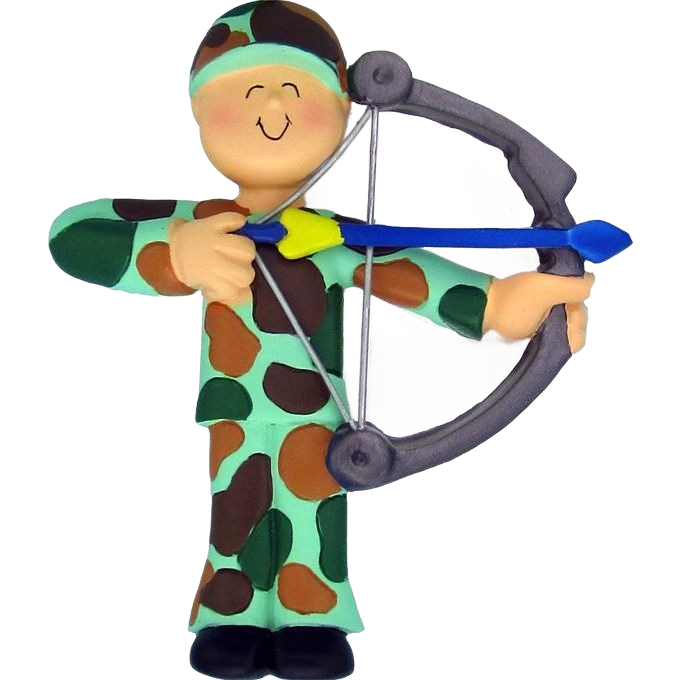 Personalized male hunter ornament in camouflage aiming a bow and arrow in Christmas Ornaments & Tree Decorations collection