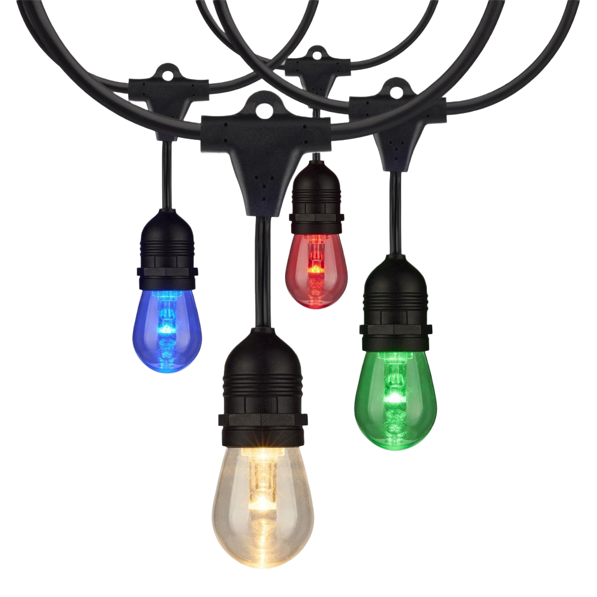 Color-changing LED string lights with vintage-style bulbs on black weatherproof cord for outdoor lighting and garden use