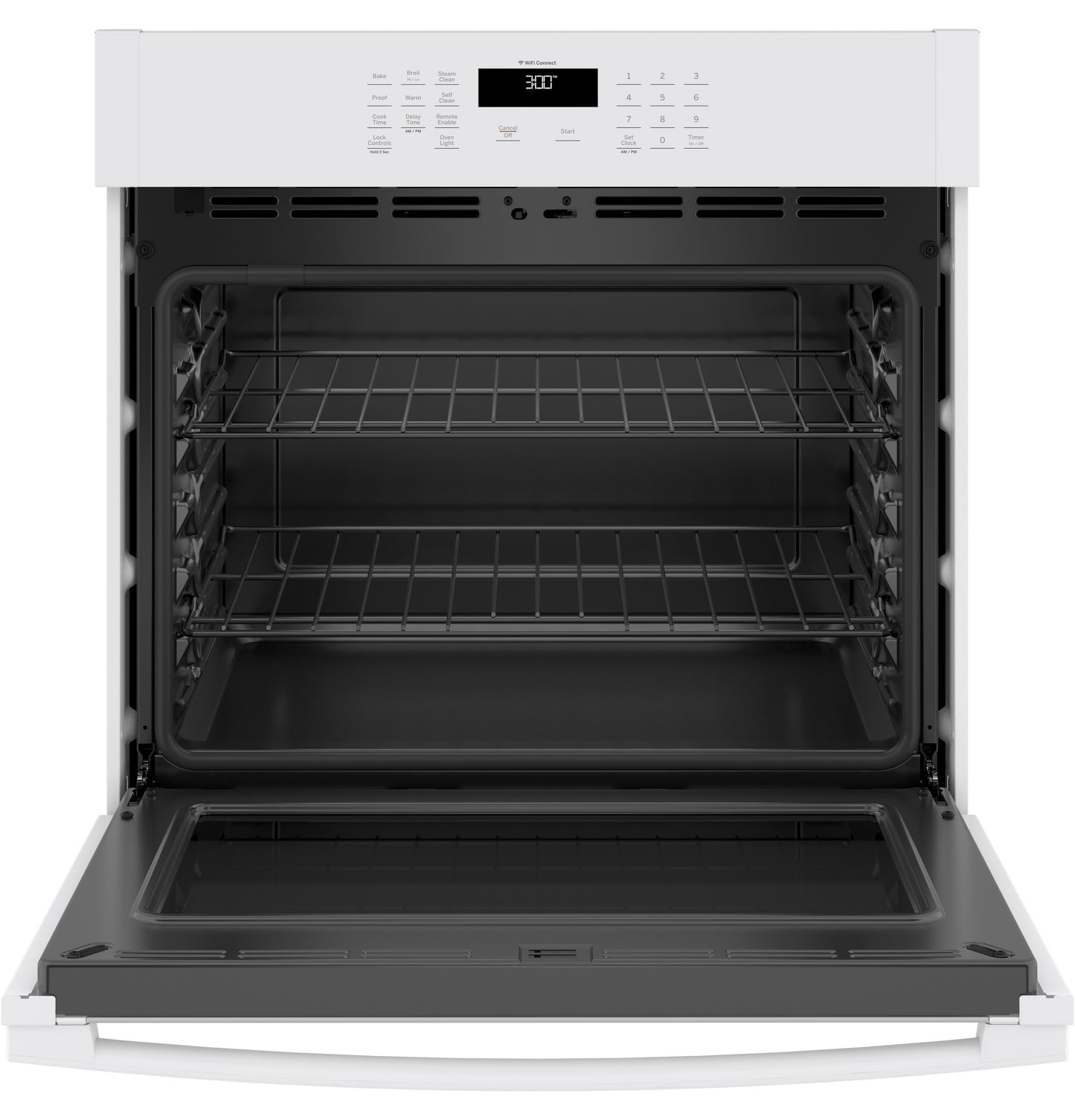 White built-in single wall oven with open door, digital control panel, and wire racks in kitchen appliances collection