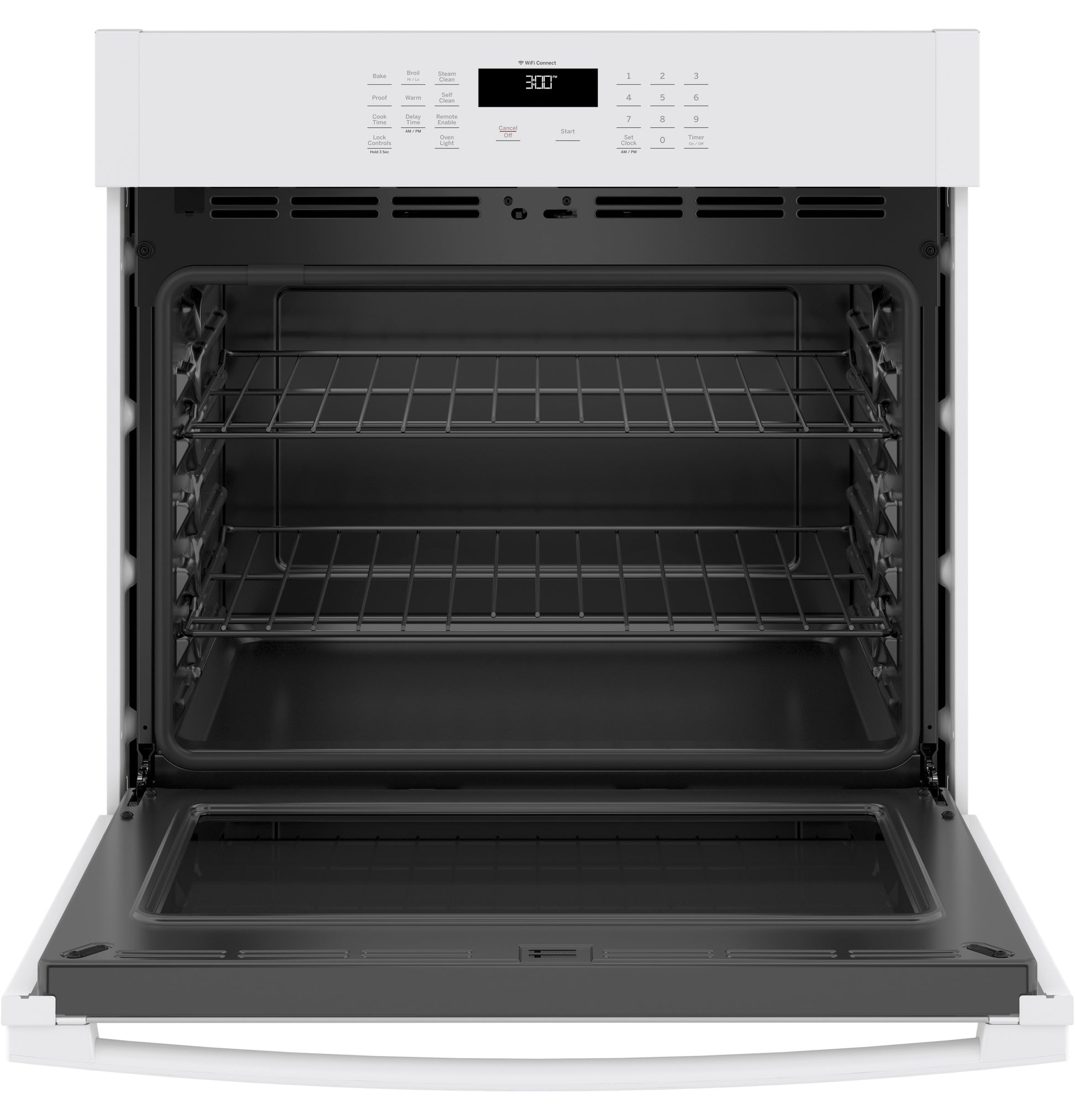 White built-in single wall oven with open door, digital control panel, and wire racks in kitchen appliances collection