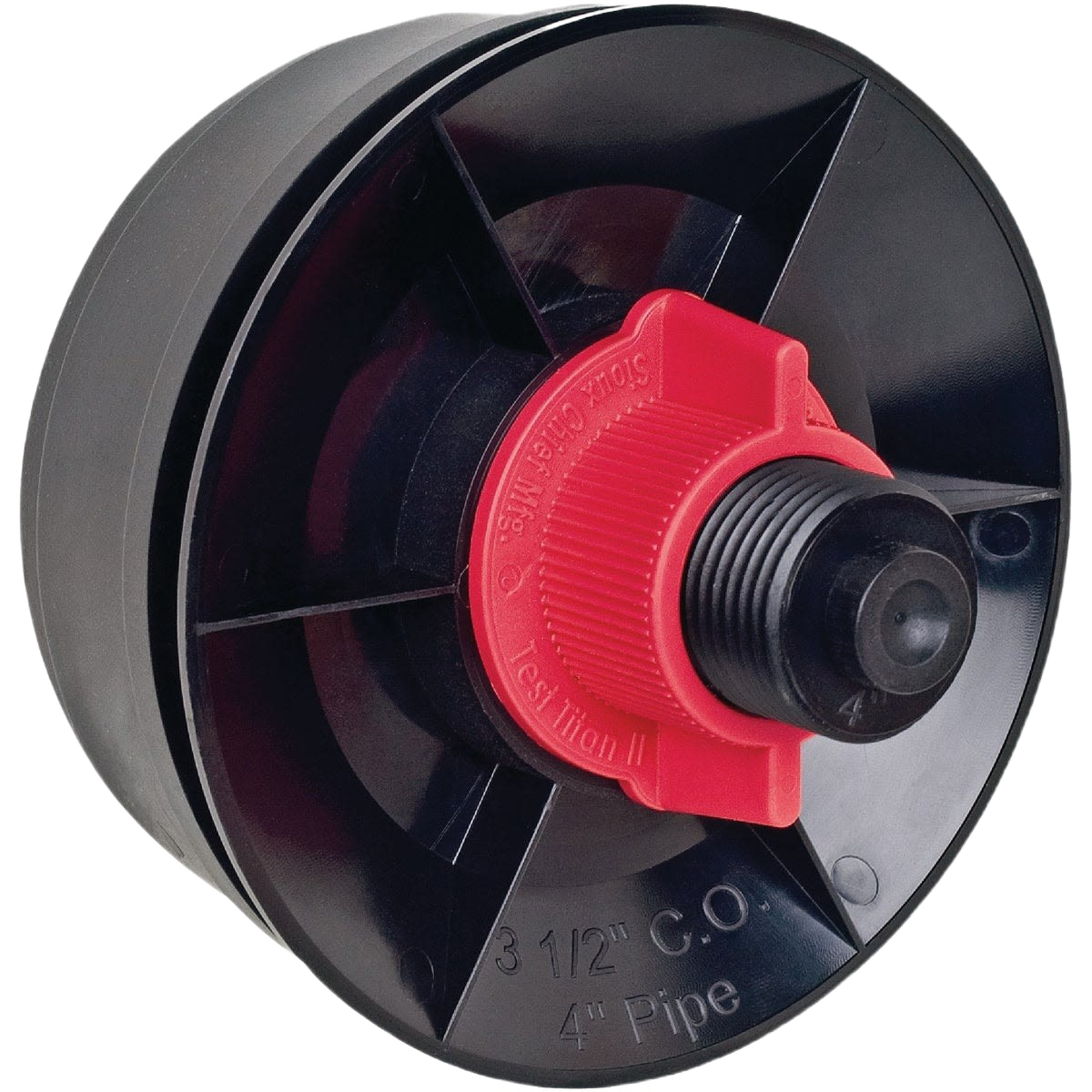 Black mechanical drain test plug with red polypro wingnut and nylon components for plumbing and home improvement use