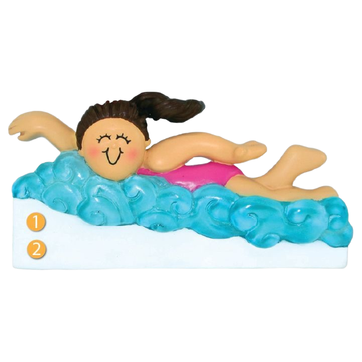 Personalized brunette female swimming ornament with playful waves in Christmas Ornaments & Tree Decorations collection