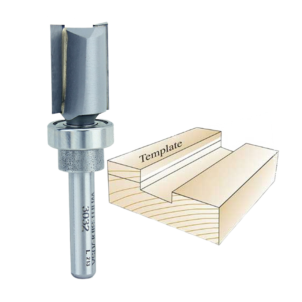 Router bit with oversized bearing for precise template routing in power tool accessories and tool collections