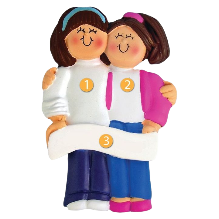 Personalized brunette friends or sisters Christmas ornament from Ornament Central in festive decoration collection under $50.