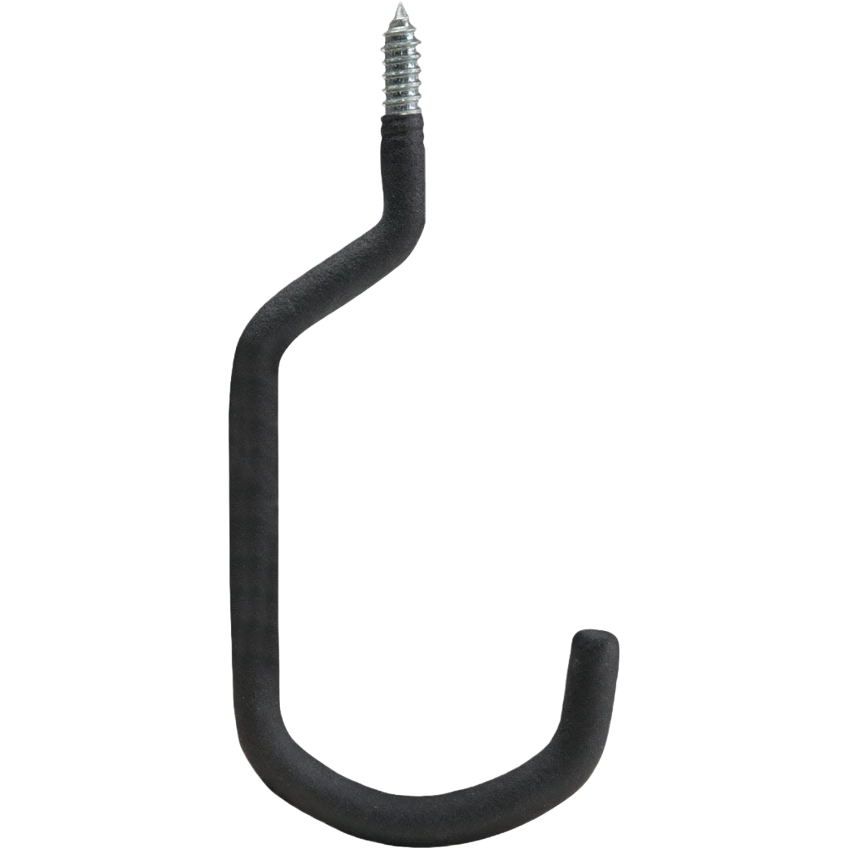 Black heavy-duty screw-in hook with cushioned coating for bicycle storage and home improvement use