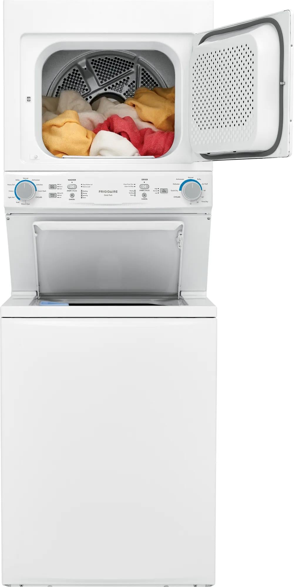 White gas washer and dryer combo with open top-load washer door and front-load dryer door showing colorful laundry inside, part of appliance laundry centers at Hartville Hardware.