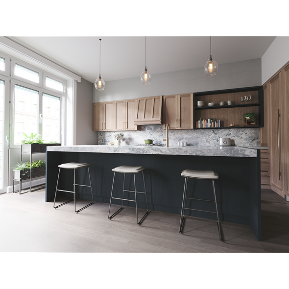 Modern kitchen featuring Monsoon Connect insert hood, wooden cabinets, marble countertops, and pendant lighting in kitchen collection