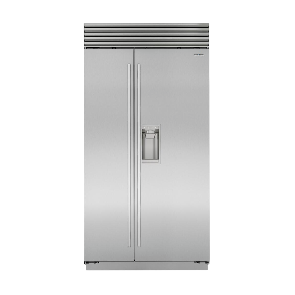 Stainless steel side-by-side refrigerator with tubular handles and built-in water dispenser in Appliances collection