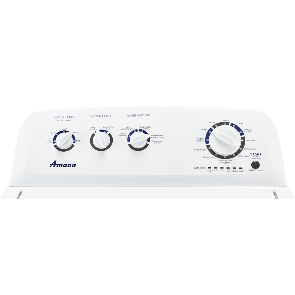 White top load washer control panel with cycle selector, water level, wash temp, and rinse option dials from appliances collection