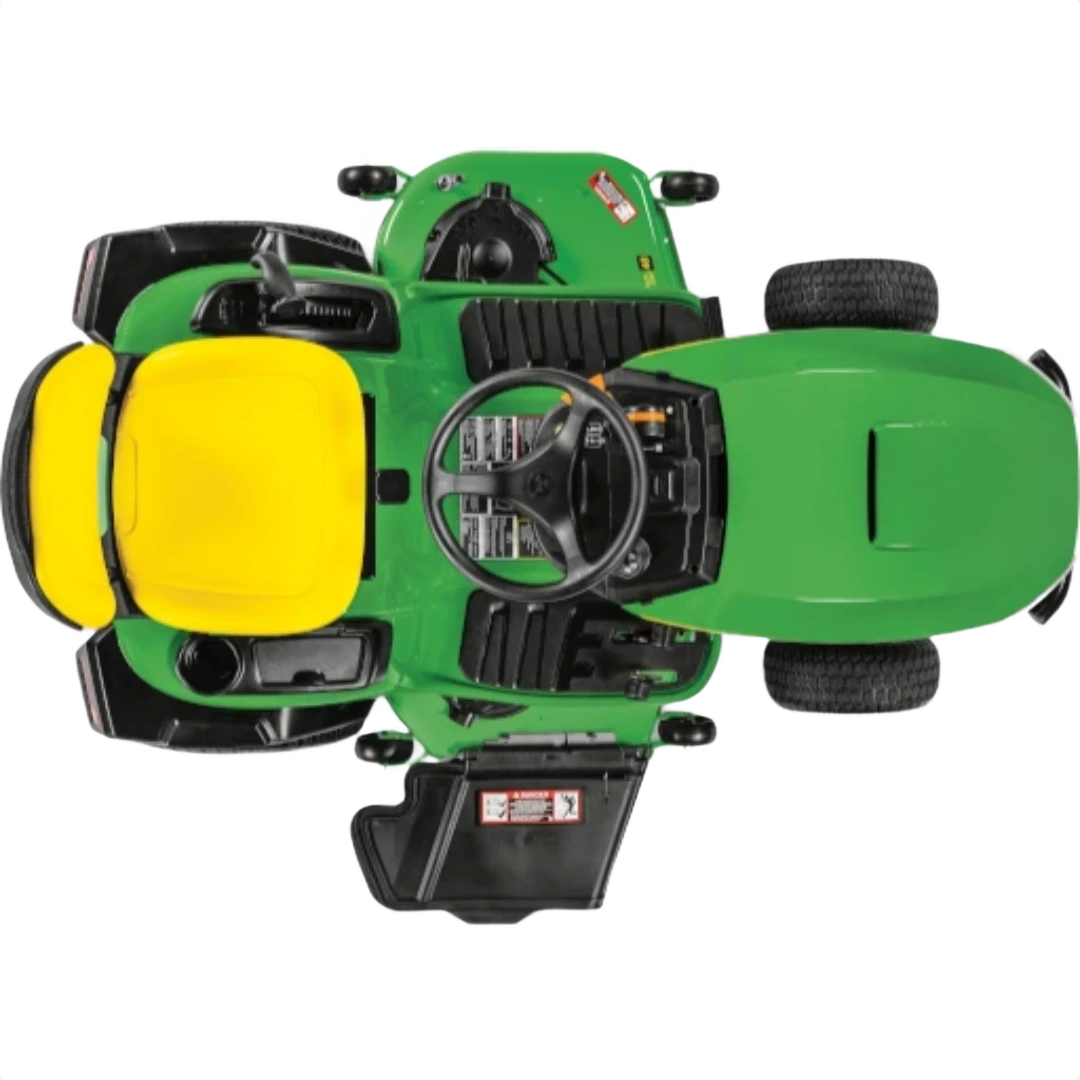 Overhead view of green riding lawn tractor with yellow seat, steering wheel, and control panel for outdoor power equipment collections