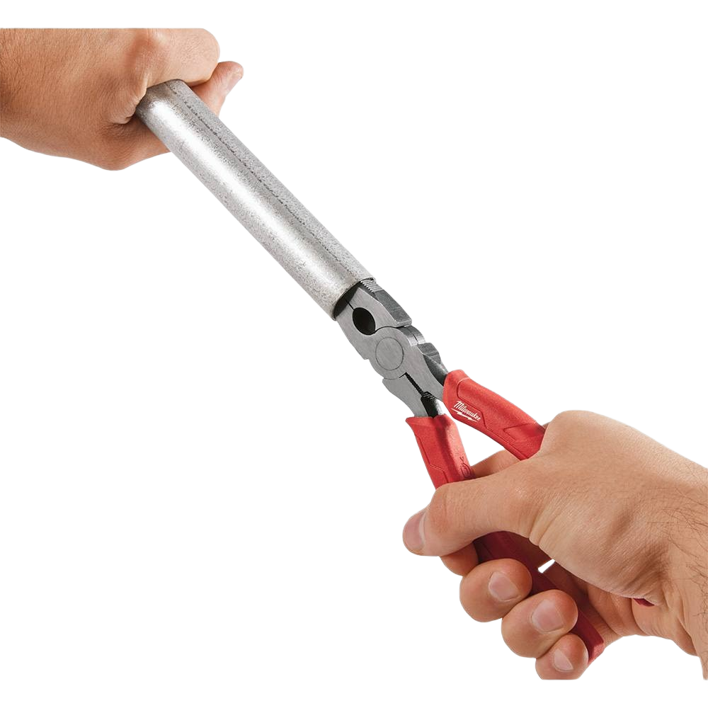 Hands using red grip long nose pliers to hold and twist a metal pipe for home improvement tasks