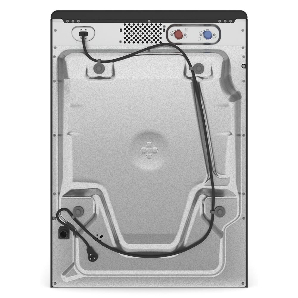Back view of washer showing metal panel, water inlet connections, power cord, and venting for appliances collection.