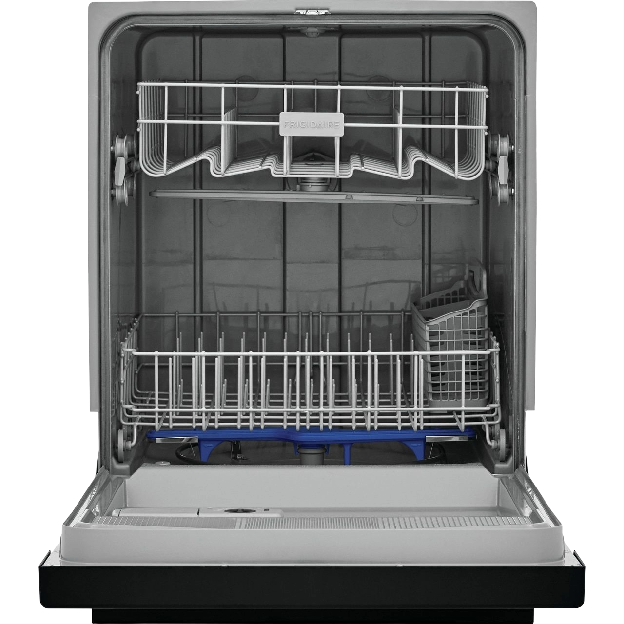 Open built-in dishwasher with empty stainless steel interior and adjustable racks, part of kitchen appliances collection