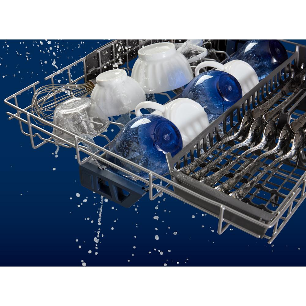 Top control dishwasher rack filled with cups, glasses, and utensils during a washing cycle in kitchenware collection