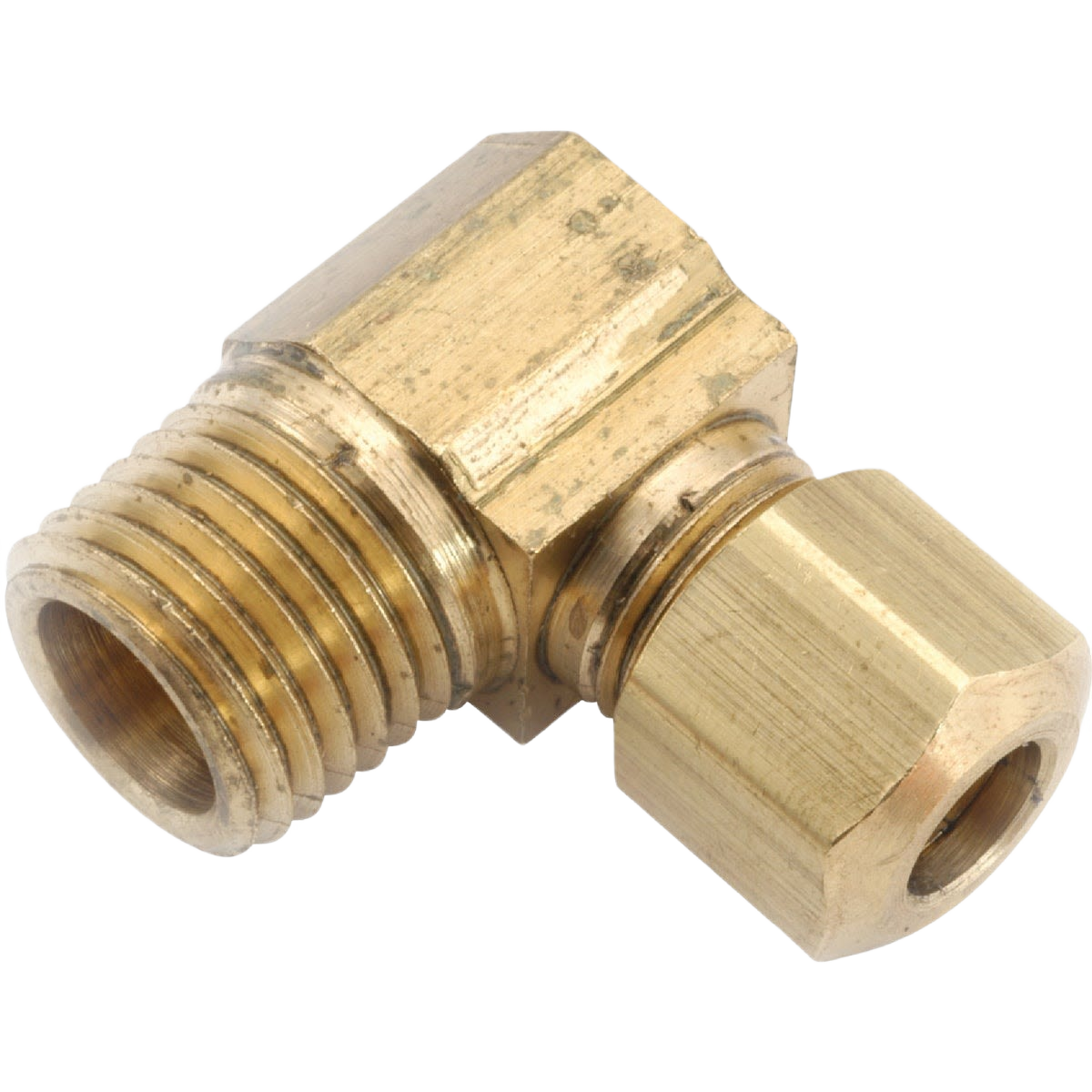 Brass compression elbow fitting with male thread, 90-degree angle for plumbing, pipes & fittings, and irrigation use