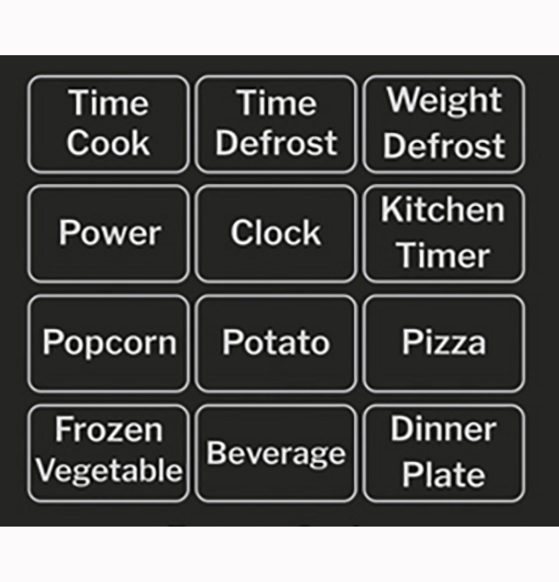Microwave control panel with labeled preset buttons for cooking, defrosting, power, timer, and food options in kitchen appliances collection