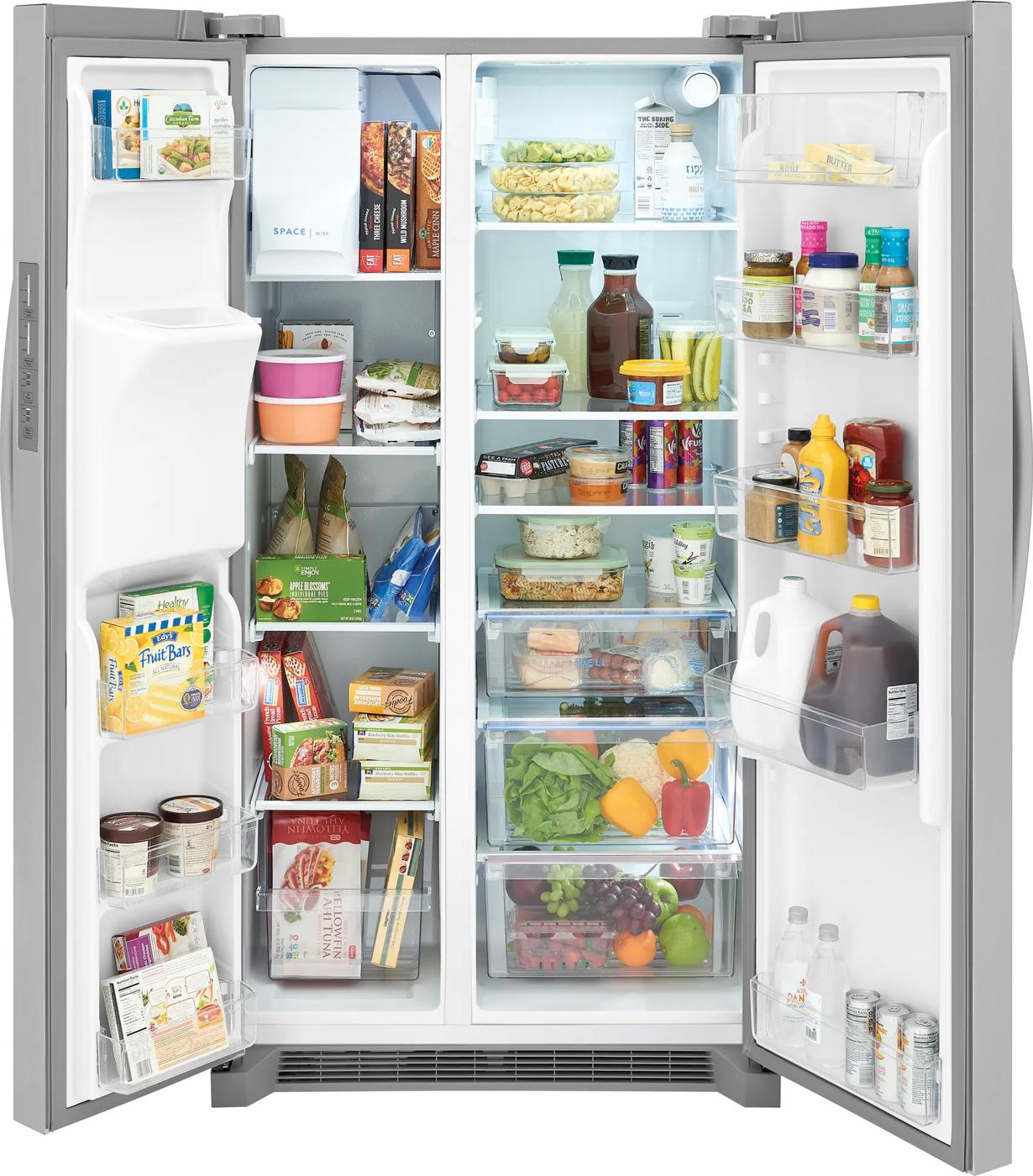 Open stainless steel side-by-side refrigerator with organized food storage in kitchen appliances and refrigerators collection