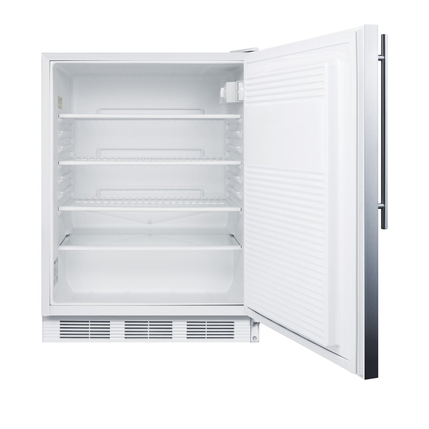 Open white built-in all-refrigerator with wire shelves and stainless steel door handle for kitchen appliance storage