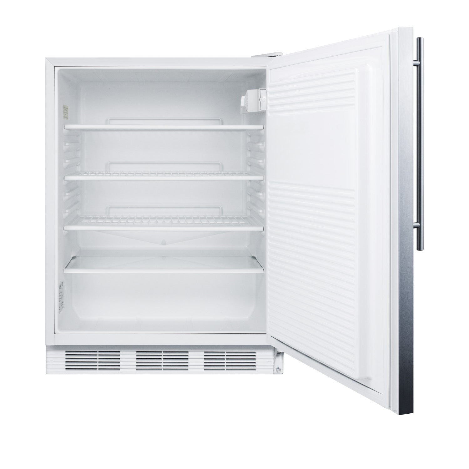 Open white built-in all-refrigerator with wire shelves and stainless steel door handle for kitchen appliance storage