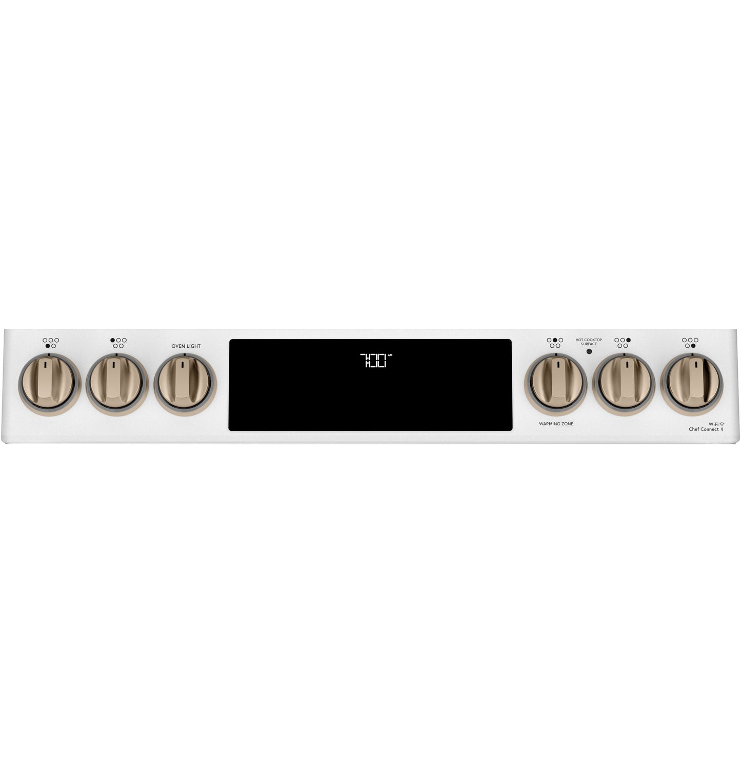 Control panel of stainless steel radiant and convection range with front knobs and digital display showing temperature