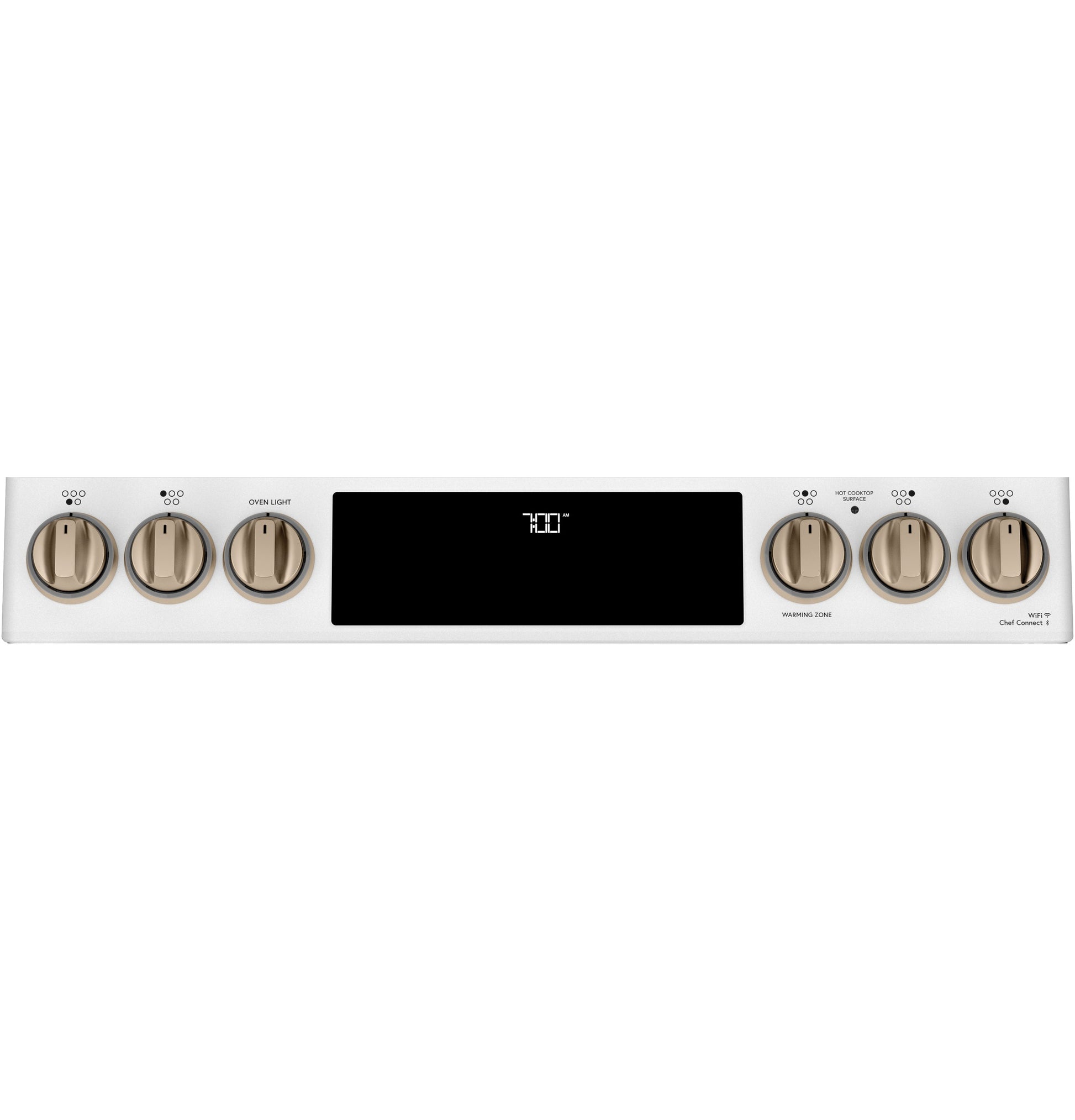 Control panel of stainless steel radiant and convection range with front knobs and digital display showing temperature