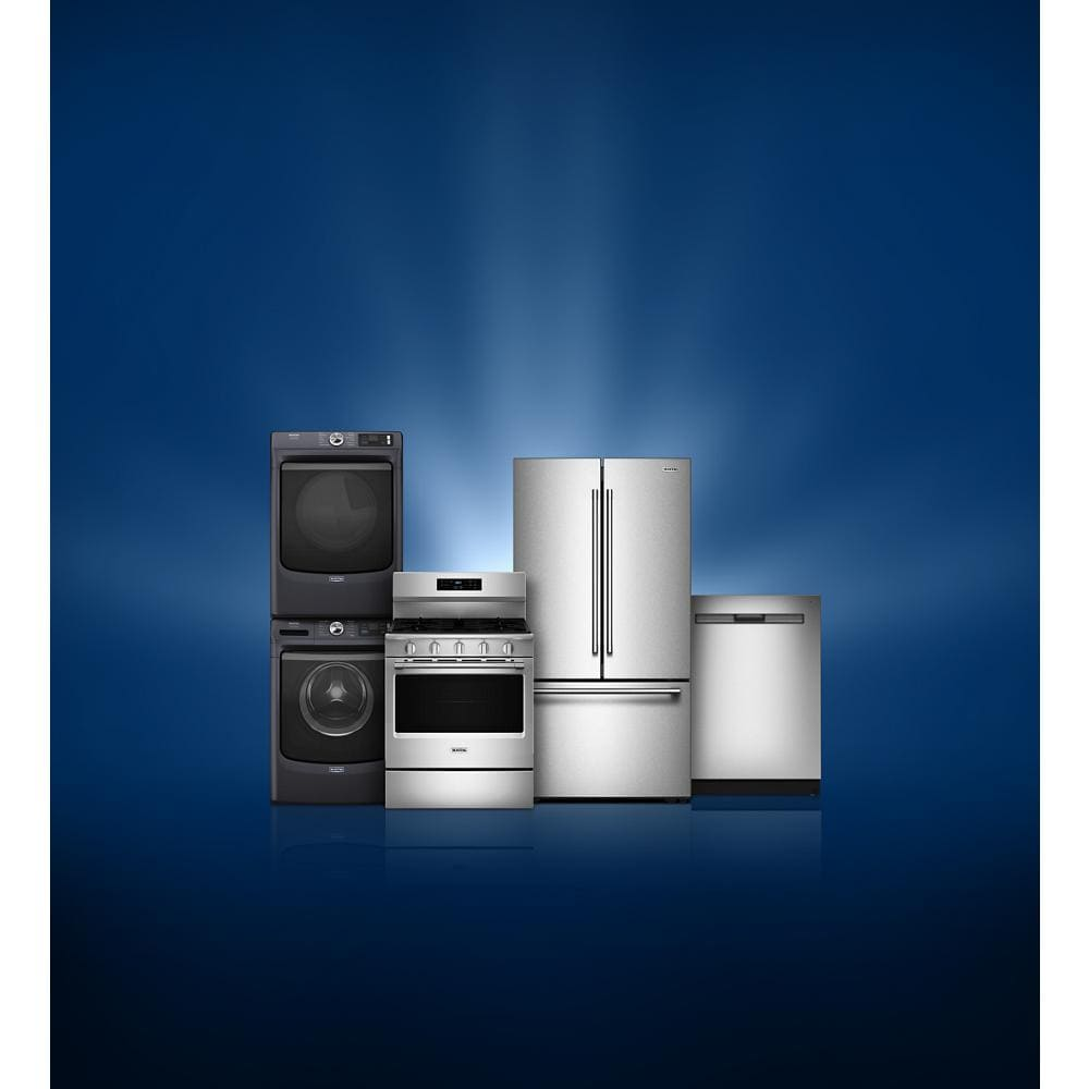 Set of stainless steel kitchen appliances including refrigerator, dishwasher, range, and black front load washer and dryer from appliances collection