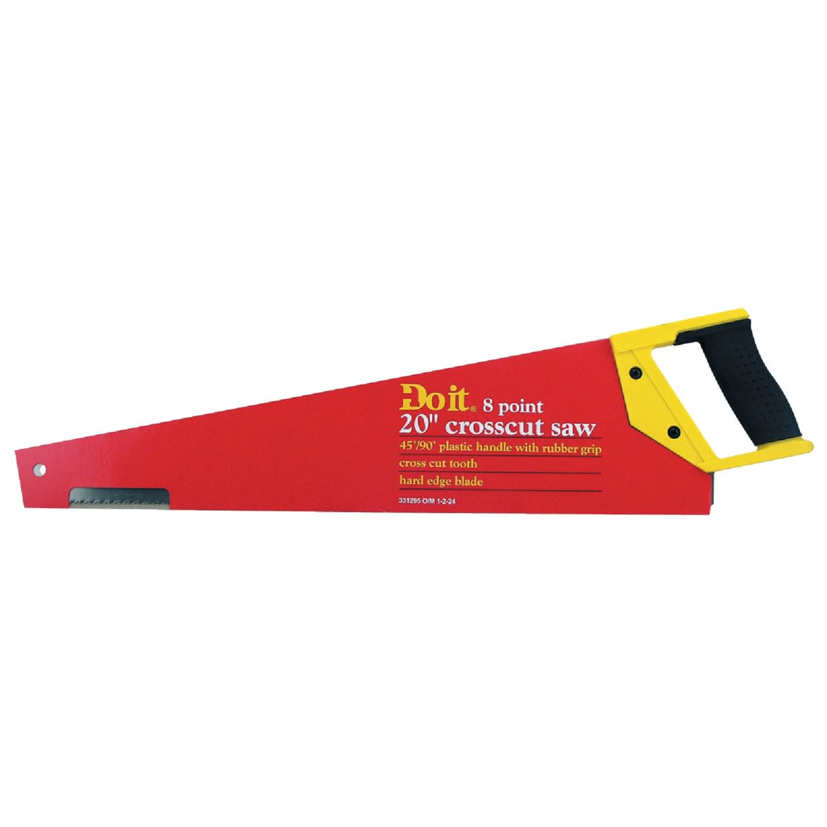 Hand saw with red blade and yellow handle featuring rubber grip for comfortable cutting in home improvement tasks
