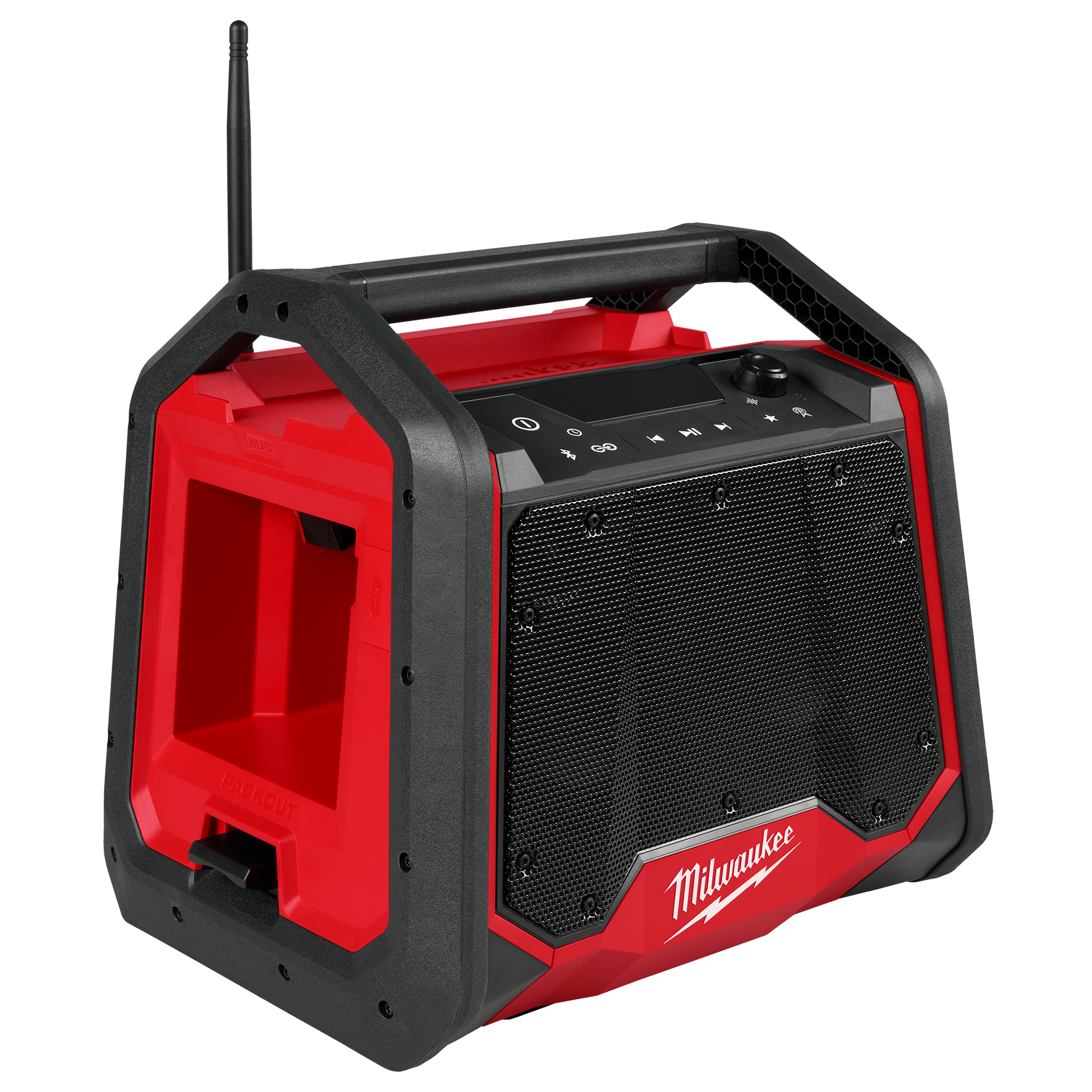 Portable red and black Bluetooth jobsite radio with sturdy frame, control panel, antenna, and built-in charger, part of Milwaukee power tool accessories at Hartville Hardware.