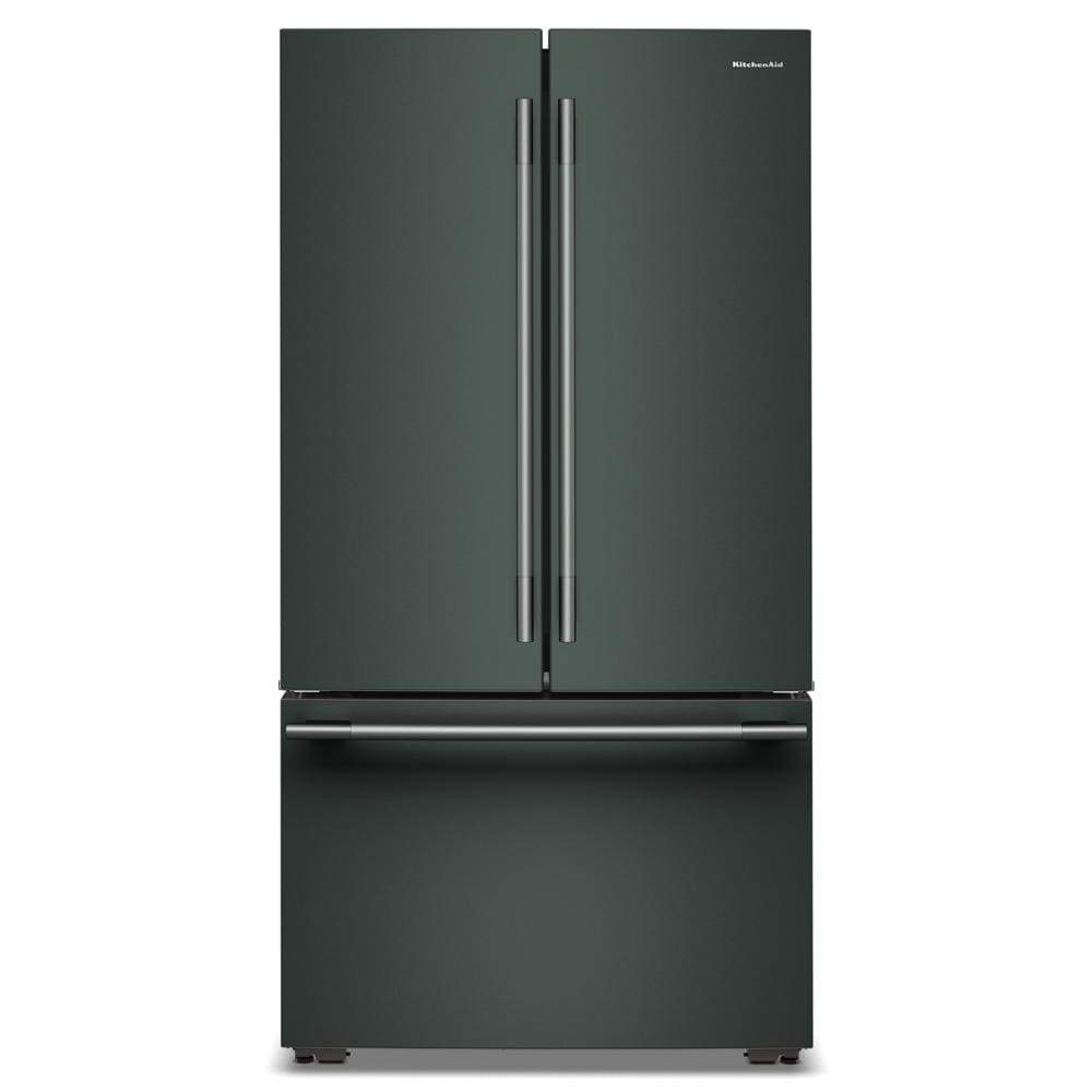 Counter-depth French door refrigerator in dark matte finish with bottom freezer drawer from KitchenAid appliances collection