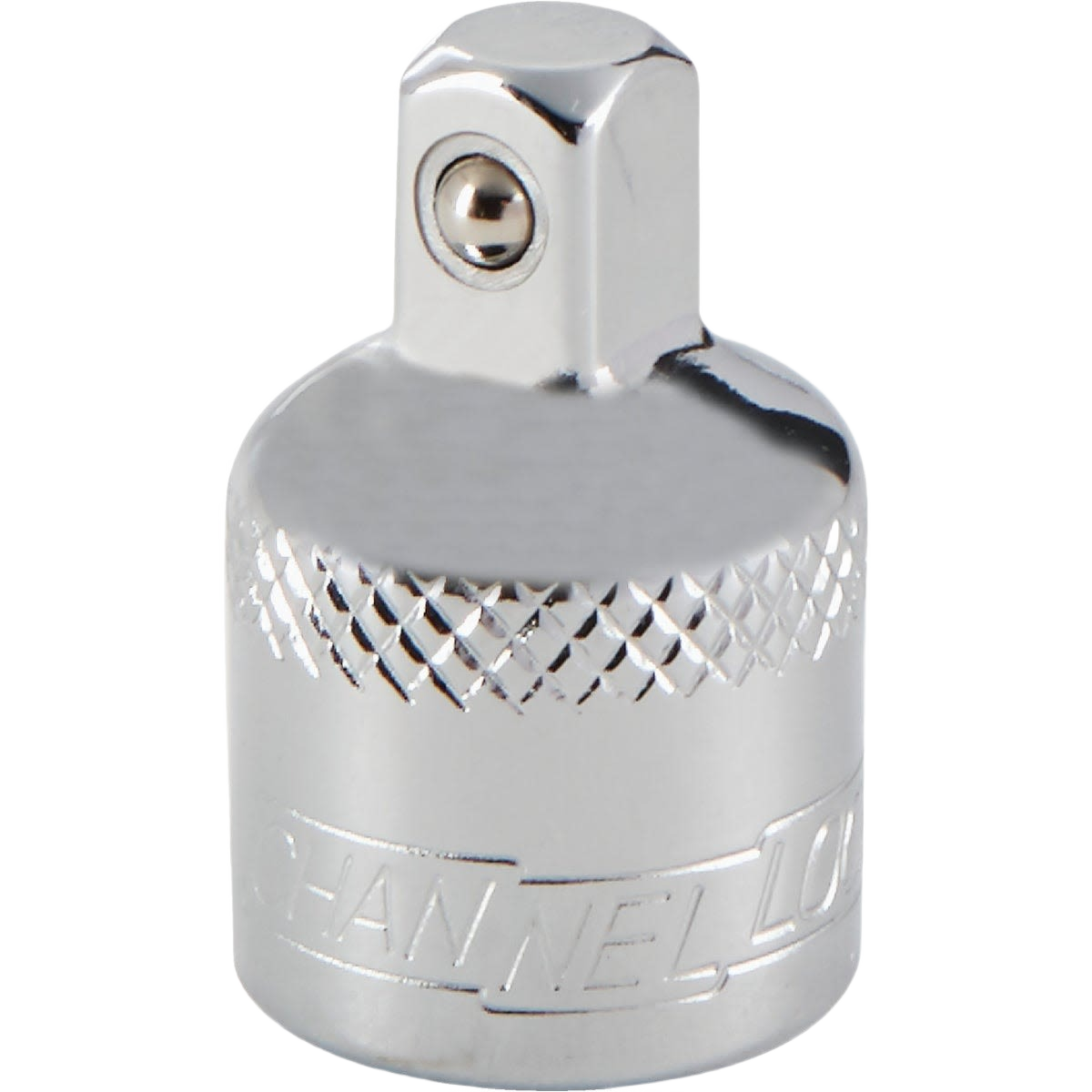 Chrome-plated socket adapter with knurled grip for tool and home improvement applications