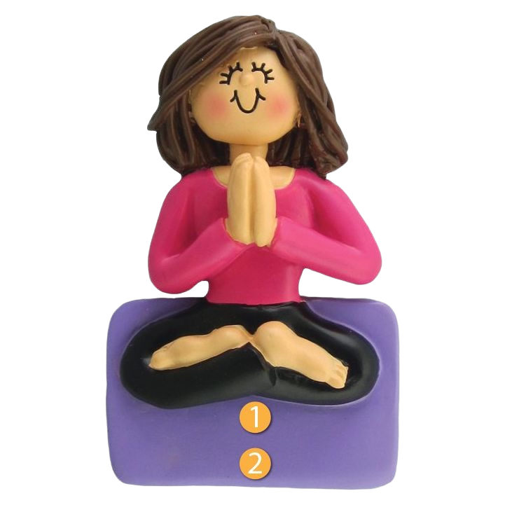 Whimsical brunette female figurine in pink top and black pants meditating on purple cushion from Christmas Ornaments collection