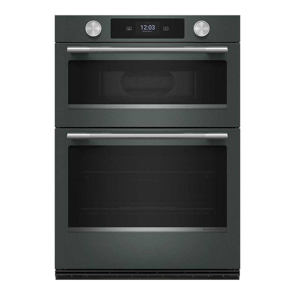 30-inch smart electric combo wall oven in Juniper finish with digital display and stainless steel handles for kitchen appliances
