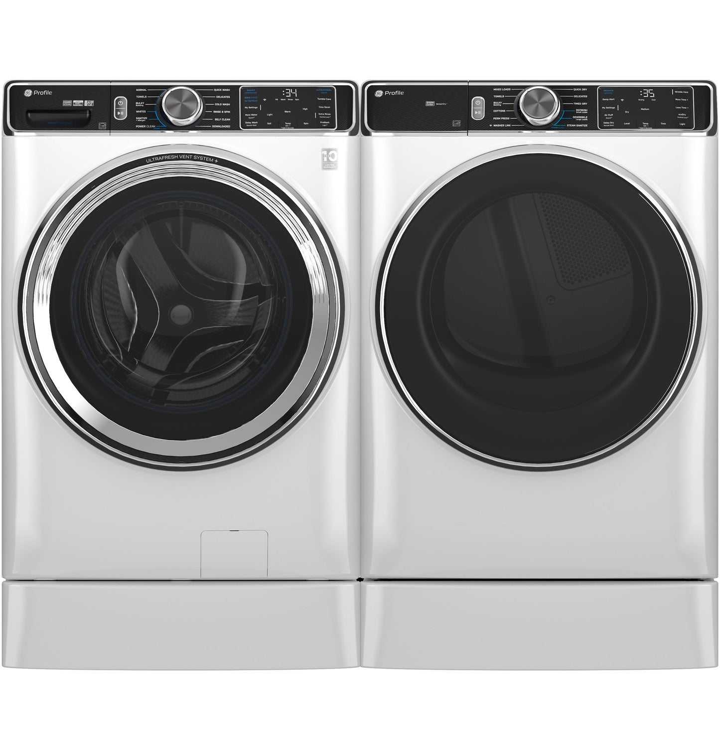 White smart front load washer and gas dryer pair with digital controls in modern laundry room appliances collection