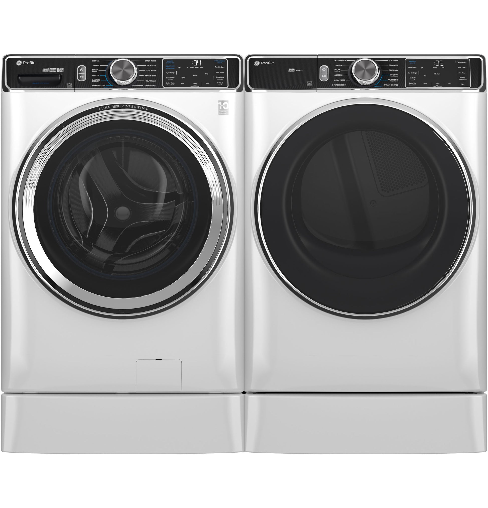 White smart front load washer and gas dryer pair with digital controls in modern laundry room appliances collection