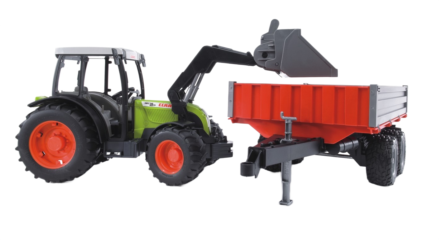 Green and gray toy tractor with orange wheels lifting bucket next to red tipping trailer for play and display