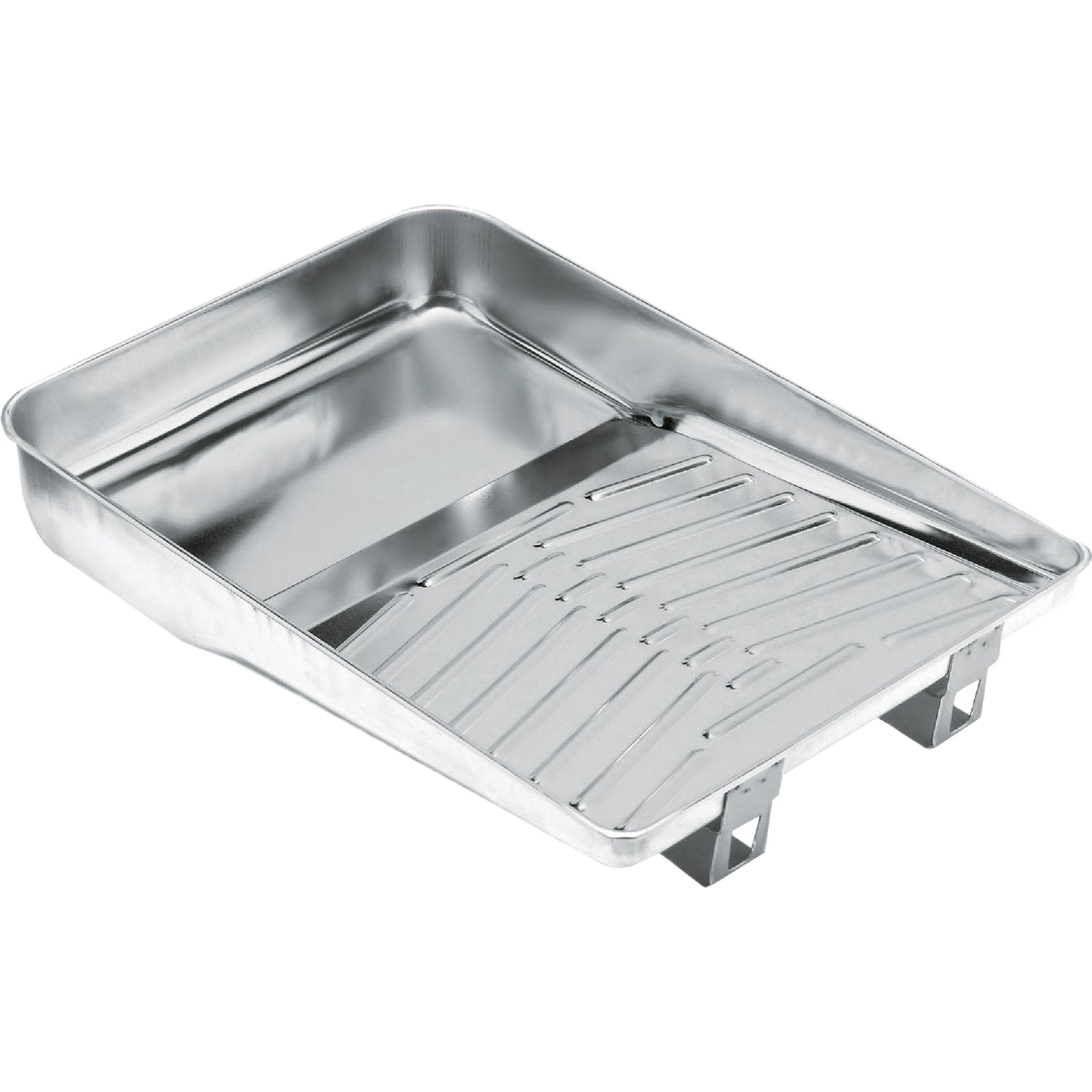 Metal paint tray with ribbed surface and ladder-lock legs for stable use in painting and home improvement projects